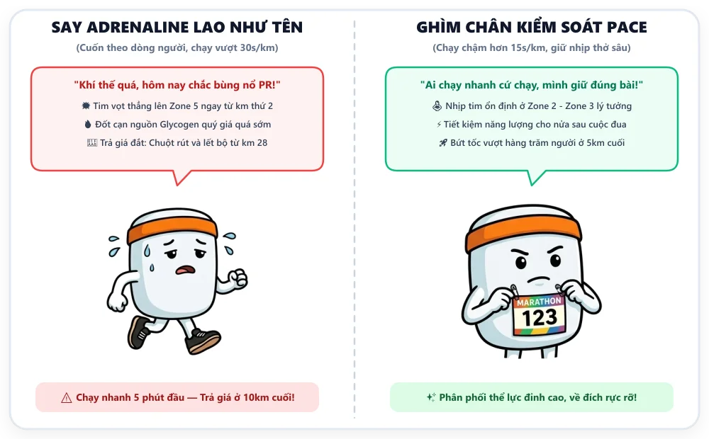 Biếm họa: Say Adrenaline phóng bạt mạng vs Bản lĩnh ghìm cương giữ Target Pace