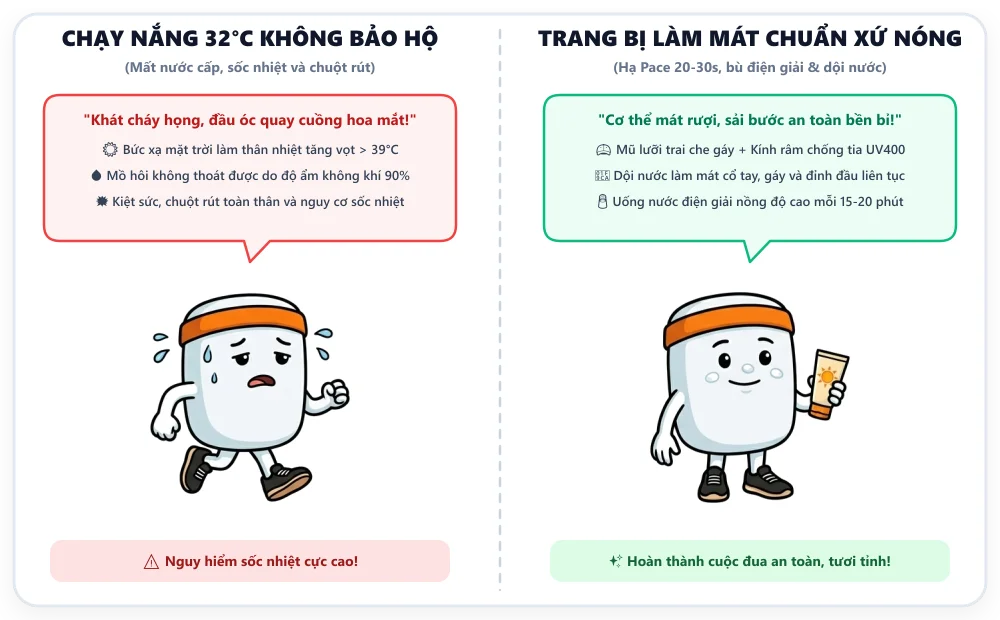 Biếm họa: Cố ép Pace dưới trời 32°C sốc nhiệt vs Giảm Pace bù điện giải an toàn