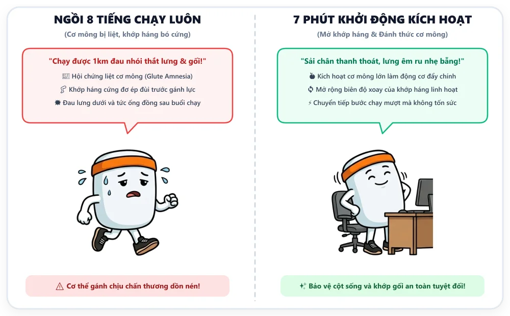 Biếm họa: Ngồi bẹp 8 tiếng xỏ giày chạy luôn vs 7 phút khởi động mở khớp háng