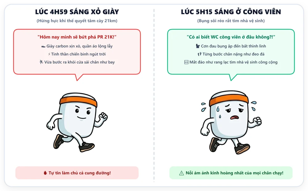 Biếm họa runner: 4h59 tự tin hừng hực vs 5h15 bụng réo tìm WC công viên