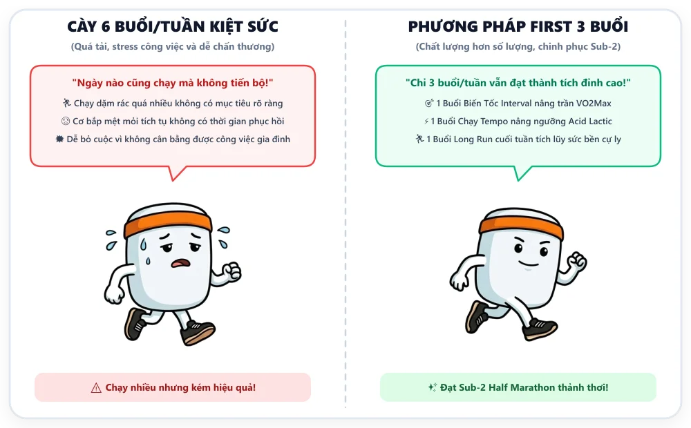 Biếm họa: Cày 6 buổi/tuần kiệt sức vs Triết lý 3 buổi FIRST đạt Sub-2 Half Marathon
