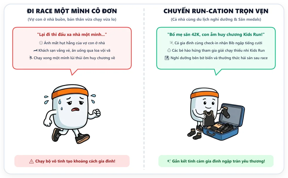 Biếm họa: Đi race một mình cô đơn lo lắng vs Chuyến Run-cation cả gia đình ngập tràn tiếng cười