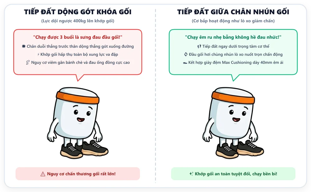 Biếm họa: Tiếp gót chân dài dập búa vào gối vs Tiếp đất giữa chân đệm êm