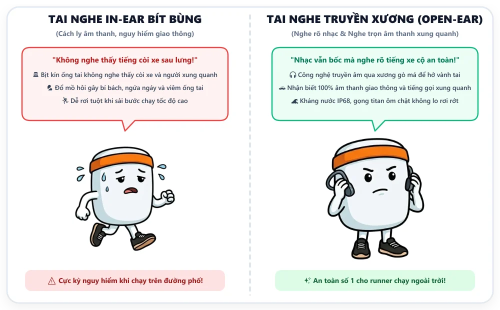 Biếm họa: Tai nghe in-ear bít bùng suýt va chạm vs Tai nghe truyền xương an toàn tuyệt đối
